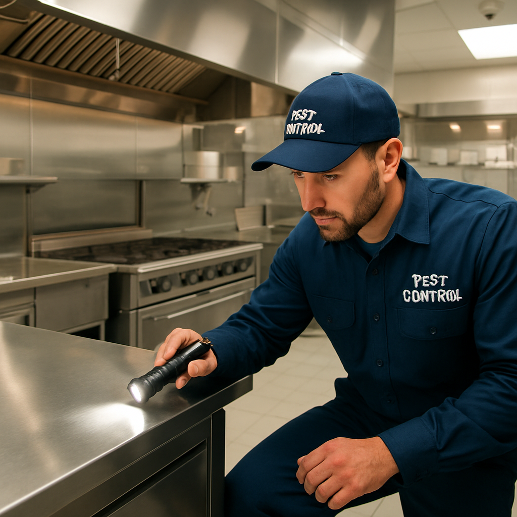 Trigger Pest Control technician inspecting a commercial kitchen in South Florida