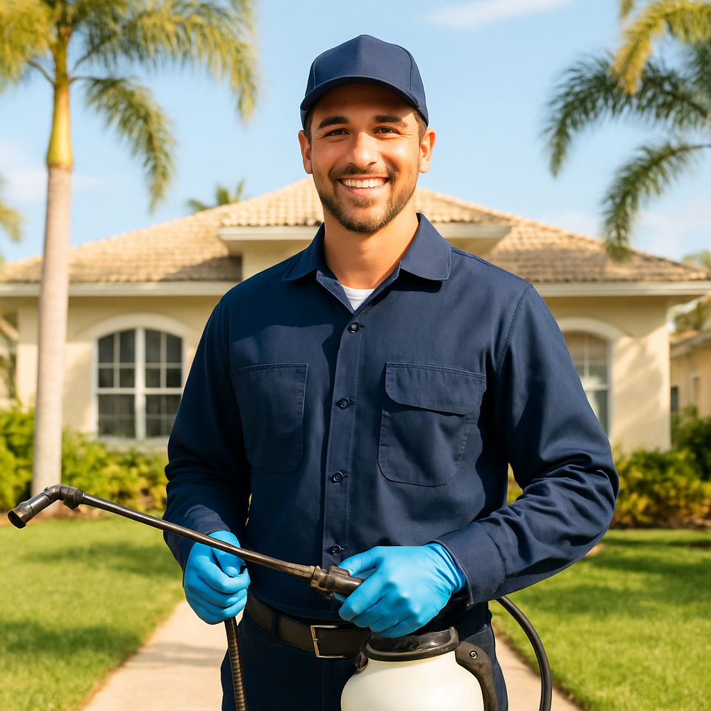 Trigger Pest Control technician in front of a South Florida home